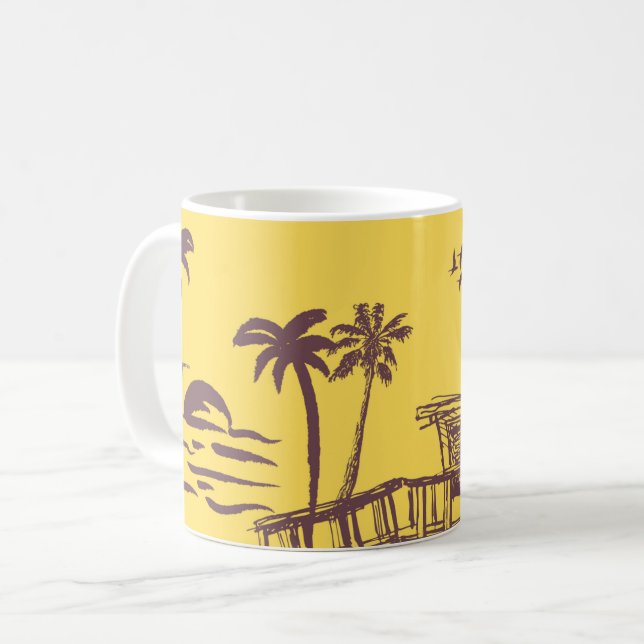 Cool Vintage Yellow Tropical Beach Sketch Coffee Mug (Front Left)
