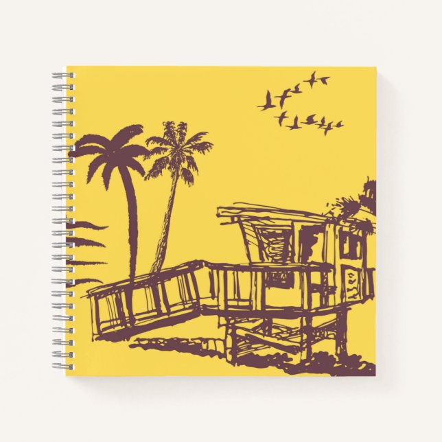 Cool Vintage Yellow Tropical Beach Sketch Notebook (Front)