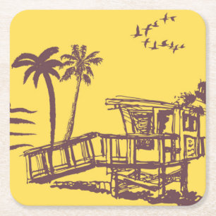 Cool Vintage Yellow Tropical Beach Sketch Square Paper Coaster