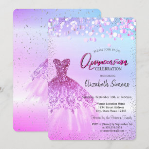 Cool Violet Confetti Dots, Dress Quinceañera Invitation