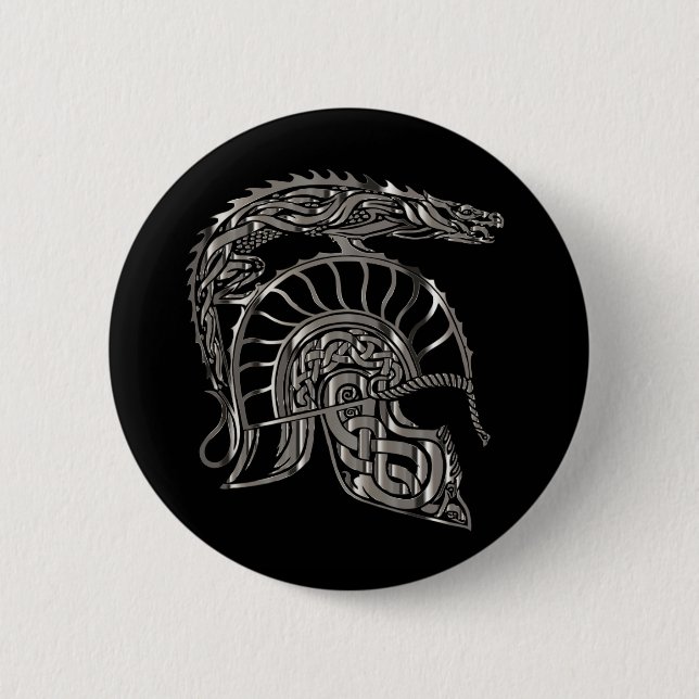 Cool Warrior Metallic Dragon Helmet 6 Cm Round Badge (Front)