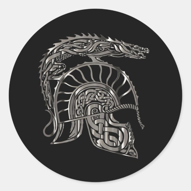 Cool Warrior Metallic Dragon Helmet Classic Round Sticker (Front)