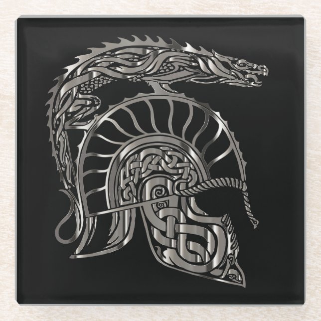 Cool Warrior Metallic Dragon Helmet Glass Coaster (Front)