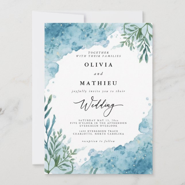 Cool Wash Branch Flourish Wedding Invitation (Front)