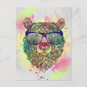 Cool watercolor bear with glasses design postcard