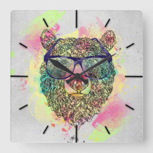 Cool watercolor bear with glasses design square wall clock
