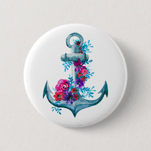 Cool Watercolor Floral Anchor Illustration 6 Cm Round Badge