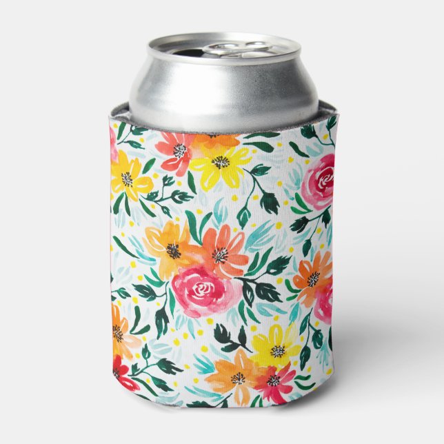 Cool Watercolor Floral Colourful Pattern Can Cooler (Can Front)