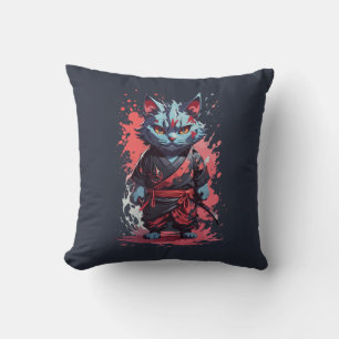 Cool Watercolor Grey Ninja Cat Warrior Cushion
