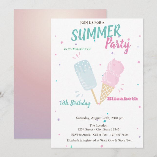 Cool Watercolor Ice creams Summer Birthday Party  Invitation (Front/Back)