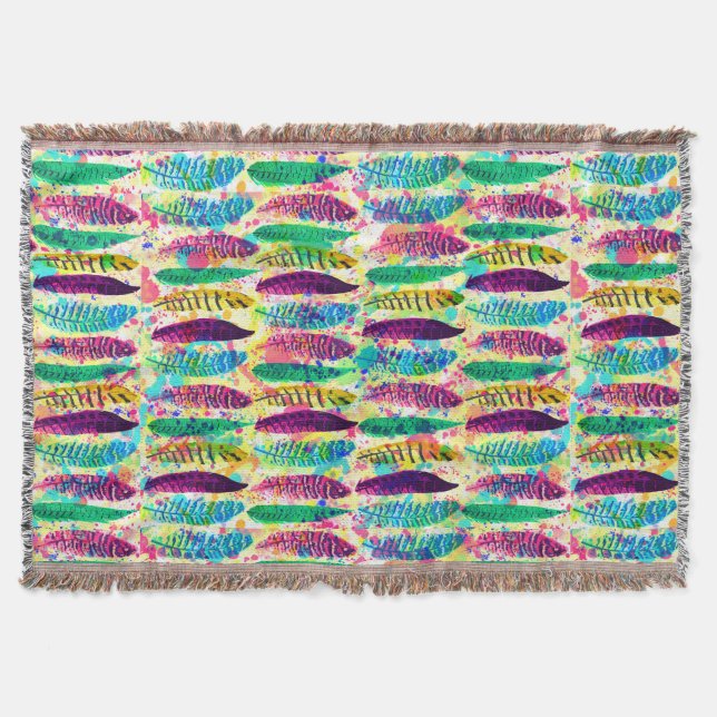 Cool watercolor neon splatters tribal feathers throw blanket (Front)