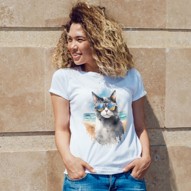 Cool Watercolor Summer Cat T-Shirt (Creator Uploaded)