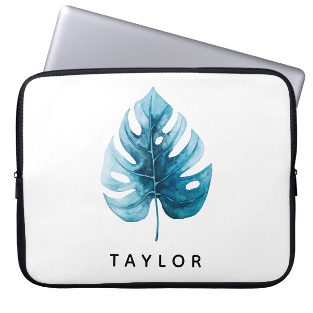 Cool Watercolor Tropical Monstera Leaf Laptop Sleeve (Front)