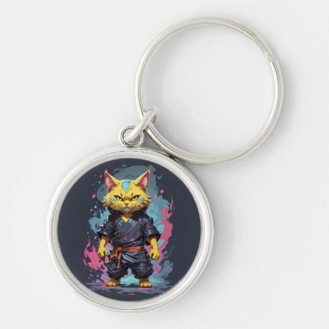 Cool Watercolor Yellow Ninja Cat Warrior Key Ring (Front)