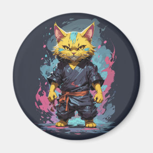 Cool Watercolor Yellow Ninja Cat Warrior Magnet