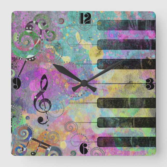 Cool Watercolors Splatters Colourful Piano Square Wall Clock (Front)