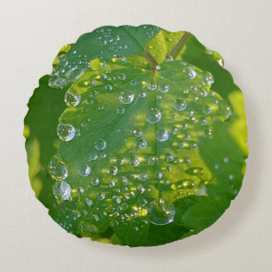 Cool Waterdrops On Green Leaf Round Cushion