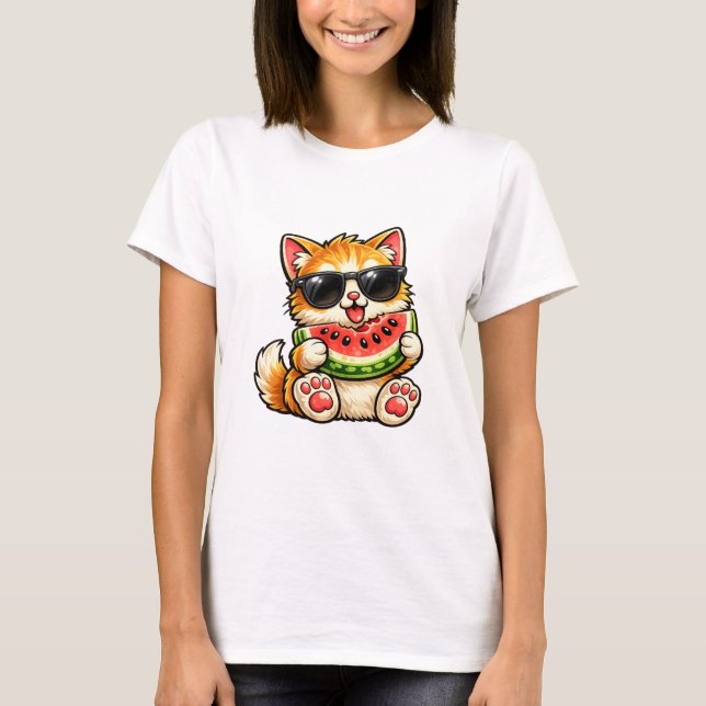 Cool Watermelon Cat T-Shirt (Front)