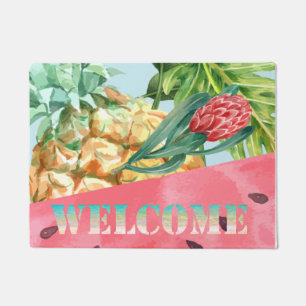 Cool Watermelon Hibiscus Palm Leaves Welcome  Doormat