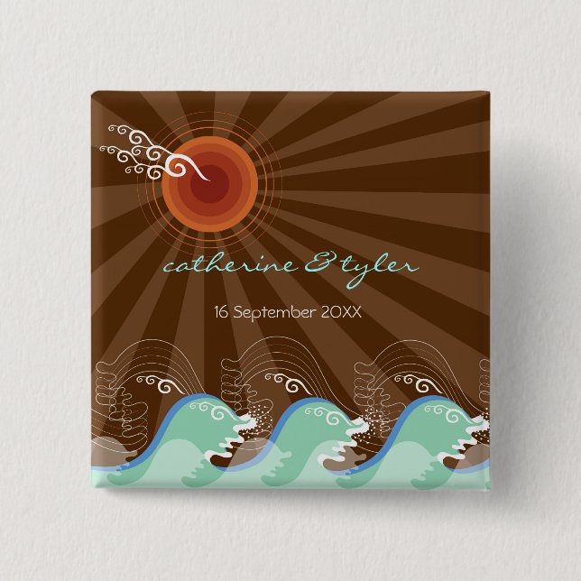 Cool Waves Brown Sun Tropical Beach Wedding Button (Front)