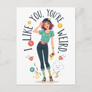 Cool Weird Girl Illustration I Like You Quirky  Postcard