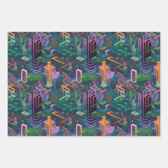 Cool Weird Surreal Lines Shapes Jungle Pattern Wrapping Paper Sheet (Front)
