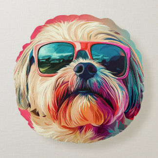 Cool West Highland White Terrier dog with sunglass Round Cushion
