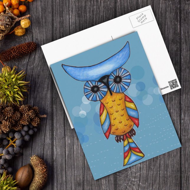 Cool Whimsical Owl Postcard (Fantasy Owl blue head colourful feathers on blue circles on postcard.)