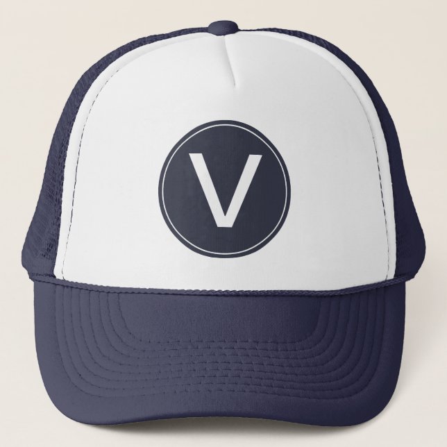 cool, white and navy blue monogram initial hat. trucker hat (Front)