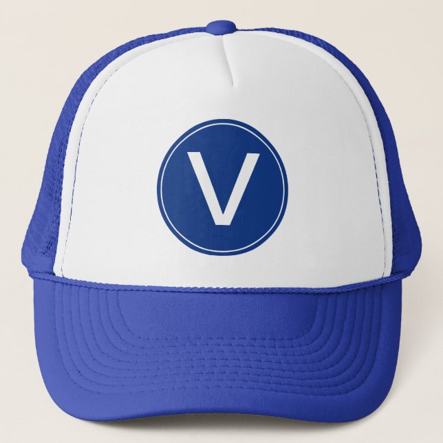 cool white and royal blue monogram initial hat. trucker hat (Front)