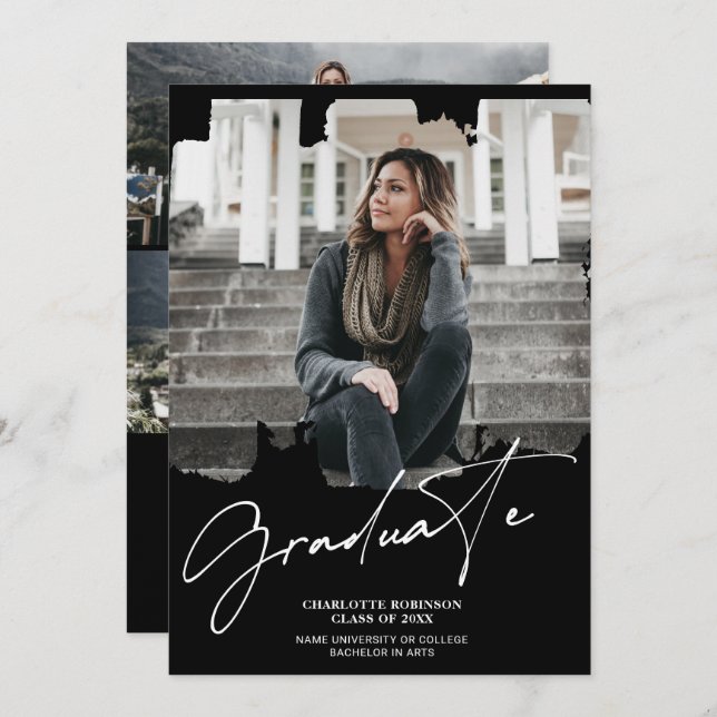 Cool white Black graduate script photo graduation Invitation (Front/Back)