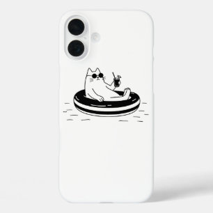Cool White Cat Relaxing On Pool Float Summer Mood iPhone 16 Plus Case