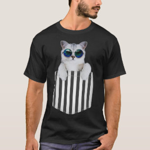 Cool White Cat Sits In Pocket T-Shirt