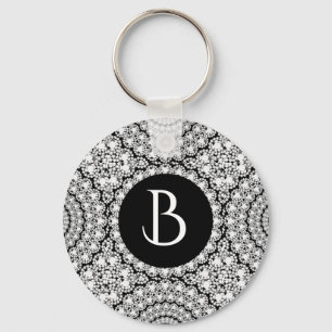 Cool White Diamonds Circles Pattern Monogram Key Ring
