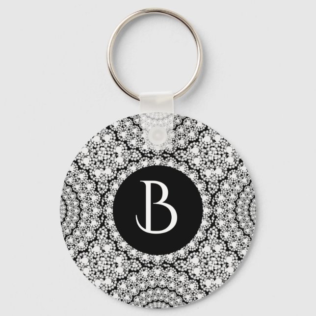 Cool White Diamonds Circles Pattern Monogram Key Ring (Front)