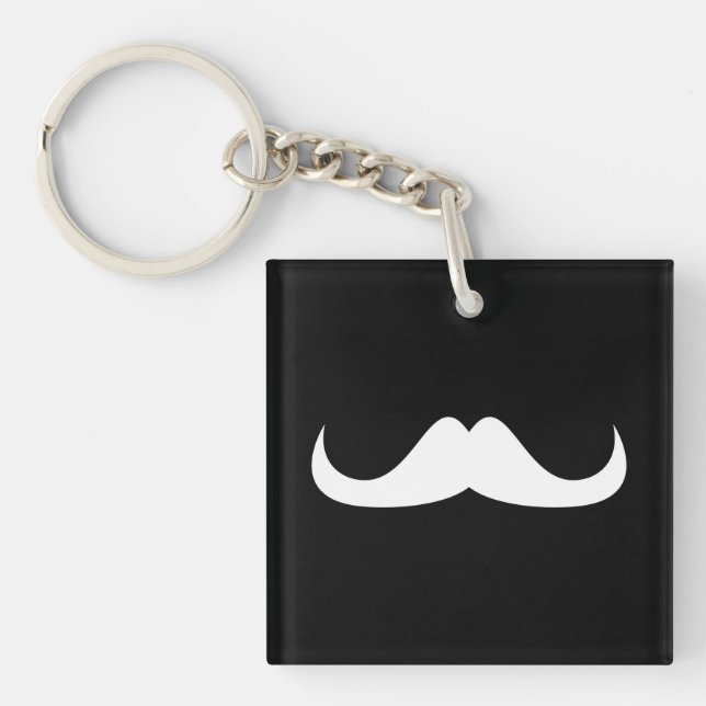 Cool White Handlebar moustache on Black Key Ring (Front)