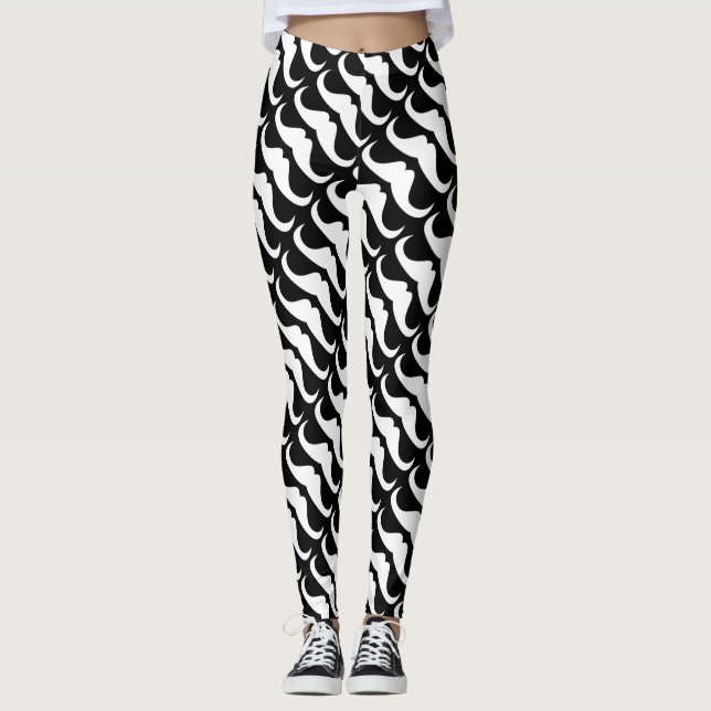 Cool White Handlebar moustache pattern on black Leggings (Front)