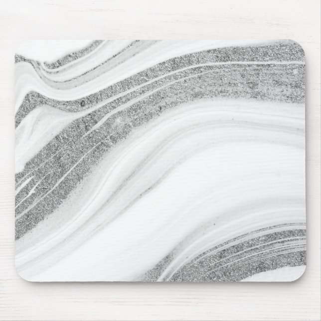 Cool White Marble Silver Glitter Mouse Mat (Front)