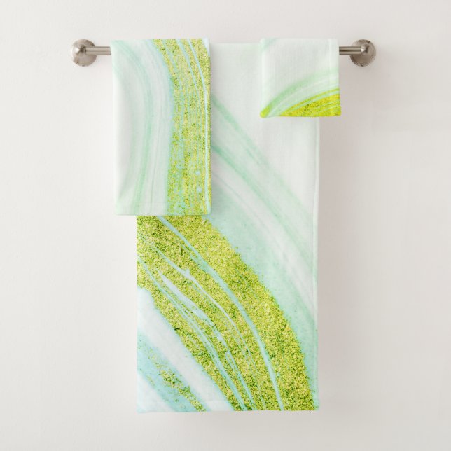 Cool White Marble Stone Green Glitter Bath Towel Set (Insitu)