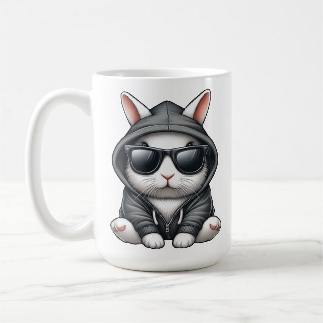 Cool White Rabbit in Hoodie and Sunglasses Coffee Mug (Left)