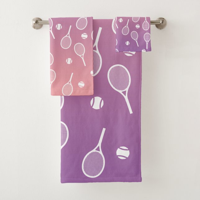Cool White Retro Tennis Racquets Pattern Gradient  Bath Towel Set (Insitu)