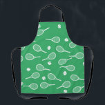 Cool White Retro Tennis Racquets Pattern Green Apron<br><div class="desc">White and green Tennis Rackets Pattern For Him | Summer Tennis Court. Gift for tennis player, white racquet tennis match on a green background. Personalised Gift for a tennis player. Trendy tennis players home decor. Trendy modern tennis player gifts. Cool retro modern gift for your school tennis coach or school...</div>