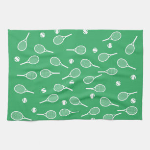 Cool White Retro Tennis Racquets Pattern Green  Tea Towel
