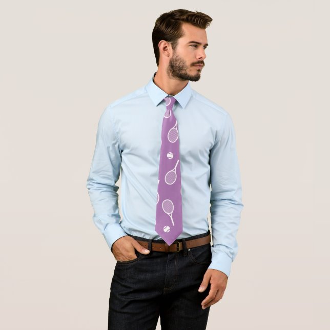 Cool White Retro Tennis Racquets Pattern Lavender Tie (In Situ)