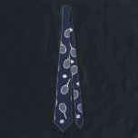 Cool White Retro Tennis Racquets Pattern Navy Blue Tie<br><div class="desc">White and navy blue Tennis Rackets Pattern For Him | Summer Tennis Court. Gift for tennis player, white racquet tennis match on a navy blue background. Personalised Gift for a tennis player. Trendy tennis players home decor. Trendy modern tennis player gifts. Cool retro modern gift for your school tennis coach...</div>