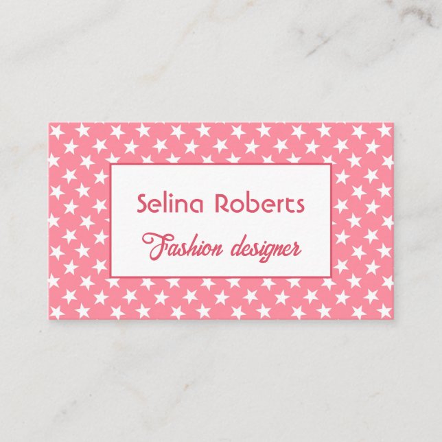Cool white stars pattern on pink business card (Front)