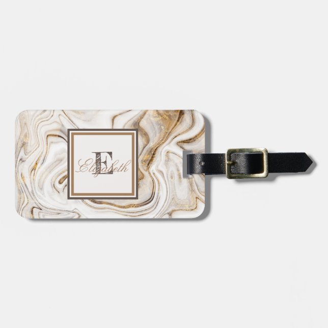 Cool White Stone Marble Texture, Monogram Luggage Tag (Front Horizontal)