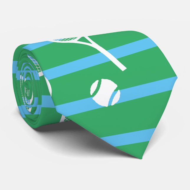 Cool White Tennis Racquets Pattern Stripes Green  Tie (Rolled)