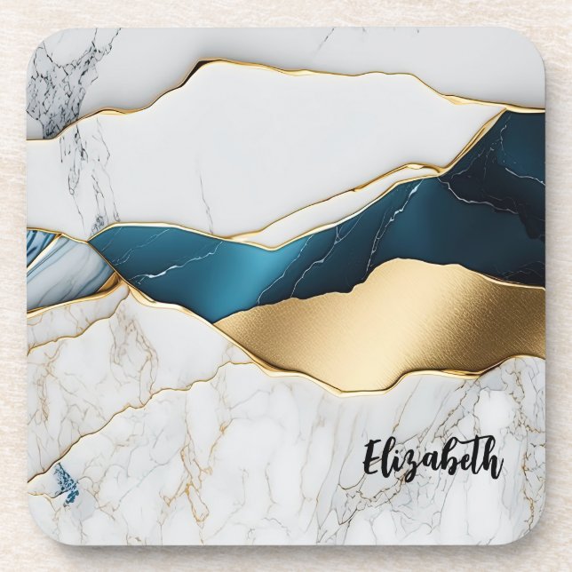 Cool White Turquoise Marble Stone Gold Coaster (Front)