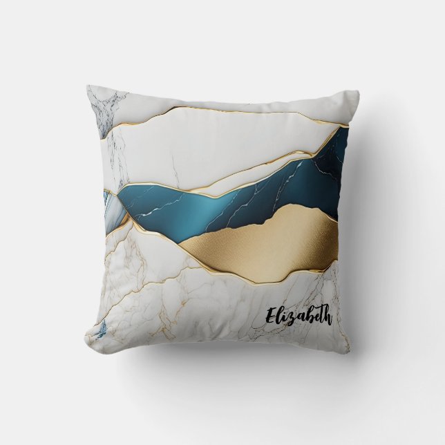 Cool White Turquoise Marble Stone Gold Cushion (Front)